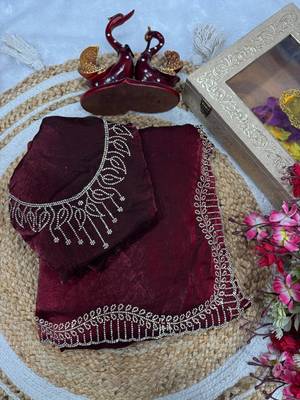 Maroon Color Jarkhan Diamond Work Space Silk Saree 1