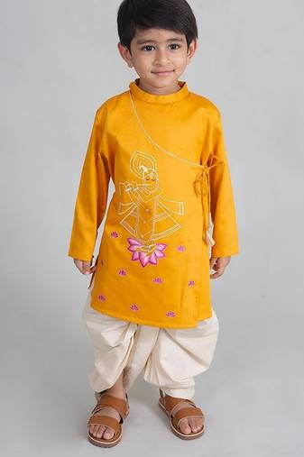 Yellow embroidered cotton kurta set