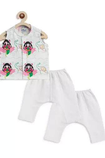 White printed cotton jhabla set