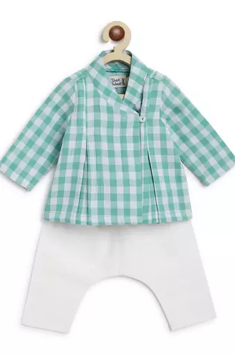 Green plain cotton jhabla set