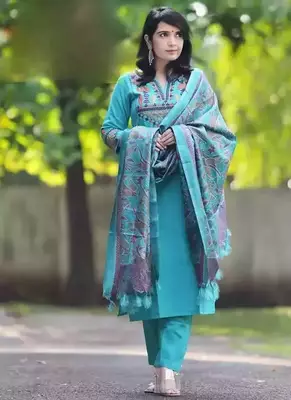 Sky Blue Embroidered Cotton Flex Kurta and Pant Set with Dupatta 1