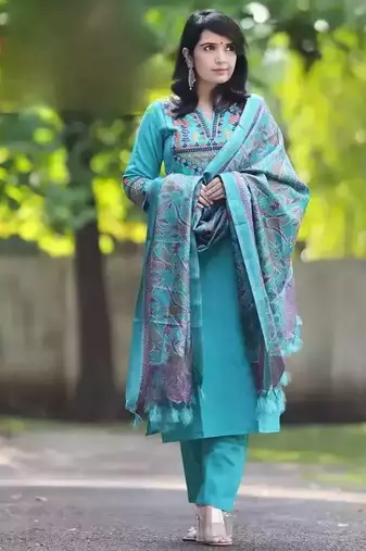 Sky Blue Embroidered Cotton Flex Kurta and Pant Set with Dupatta