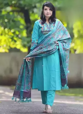 Sky Blue Embroidered Cotton Flex Kurta and Pant Set with Dupatta 2