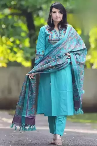 Sky Blue Embroidered Cotton Flex Kurta and Pant Set with Dupatta