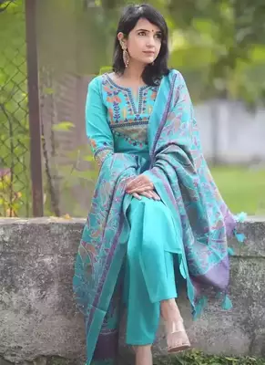 Sky Blue Embroidered Cotton Flex Kurta and Pant Set with Dupatta 3