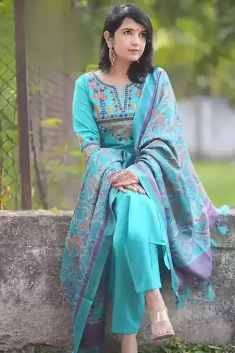 Sky Blue Embroidered Cotton Flex Kurta and Pant Set with Dupatta