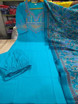 Sky Blue Embroidered Cotton Flex Kurta and Pant Set with Dupatta 5