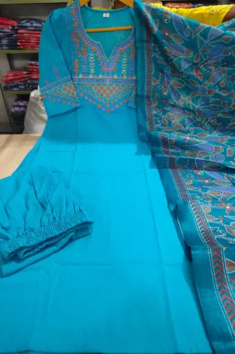 Sky Blue Embroidered Cotton Flex Kurta and Pant Set with Dupatta