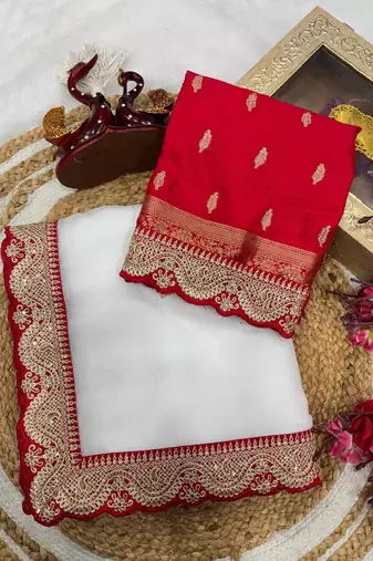White Color Sequence Embroidery Work Crunchy Silk Saree
