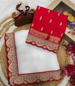 White Color Sequence Embroidery Work Crunchy Silk Saree