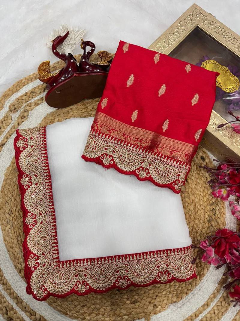 White Color Sequence Embroidery Work Crunchy Silk Saree