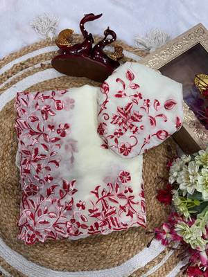 White Color Multi Color Thread And Sequins Embroidery Work Space Silk Saree 1