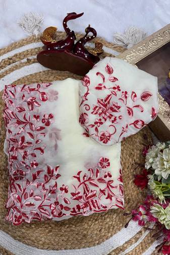 White Color Multi Color Thread And Sequins Embroidery Work Space Silk Saree