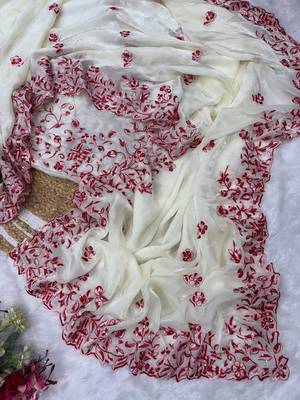 White Color Multi Color Thread And Sequins Embroidery Work Space Silk Saree 2