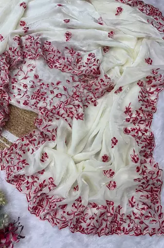 White Color Multi Color Thread And Sequins Embroidery Work Space Silk Saree