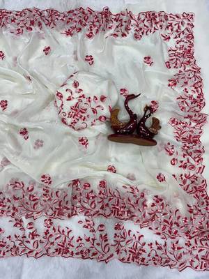 White Color Multi Color Thread And Sequins Embroidery Work Space Silk Saree 3