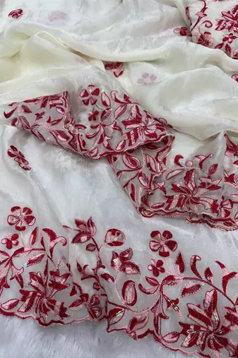 White Color Multi Color Thread And Sequins Embroidery Work Space Silk Saree