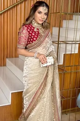 Cream Color Sequence And Dori Embroidery Work With Lace Border Twill Net Saree