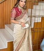 Cream Color Sequence And Dori Embroidery Work With Lace Border Twill Net Saree