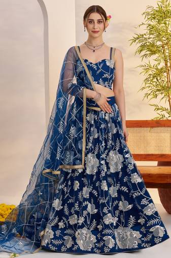 More Peach Blue Butterfly Net Thread & Sequence Embroidered Lehenga Choli with Dupatta and Blouse