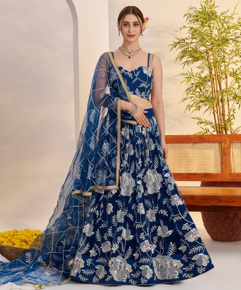 More Peach Blue Butterfly Net Thread & Sequence Embroidered Lehenga Choli with Dupatta and Blouse