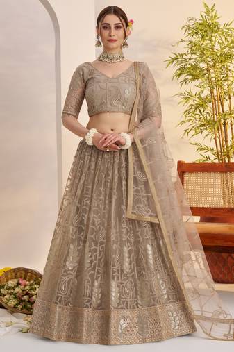 Metallic Gray Butterfly Net Thread & Sequence Embroidery Lehenga Choli with Dupatta and Blouse