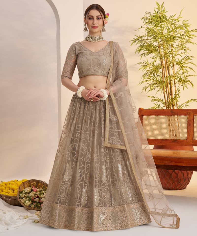 Metallic Gray Butterfly Net Thread & Sequence Embroidery Lehenga Choli with Dupatta and Blouse