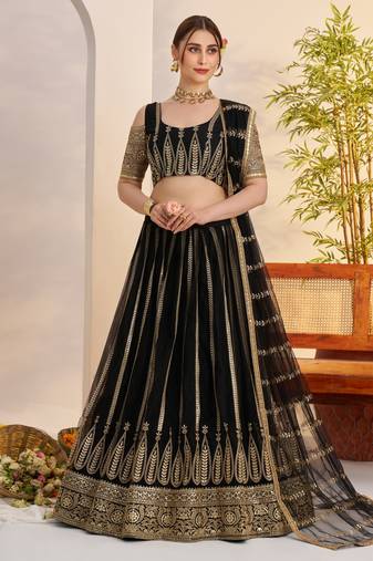 Black Butterfly Net Thread & Sequence Embroidery Work Lehenga Choli with Dupatta and Blouse