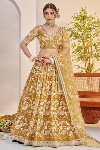Light Golden Butterfly Net Thread & Sequence Embroidered Lehenga Choli with Dupatta and Blouse