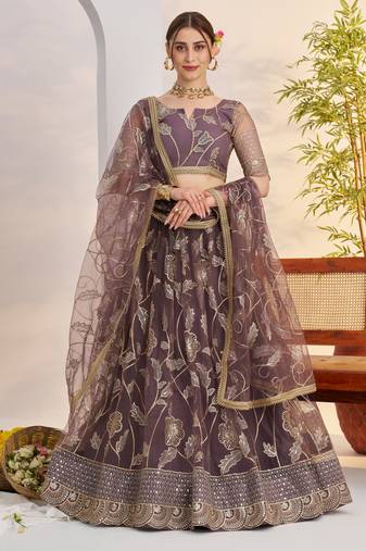 Dark Onion Butterfly Net Thread & Sequence Embroidered Lehenga Choli with Dupatta and Blouse