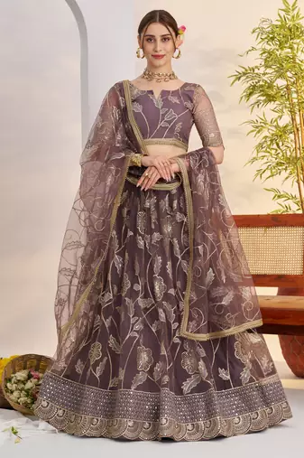 Dark Onion Butterfly Net Thread & Sequence Embroidered Lehenga Choli with Dupatta and Blouse