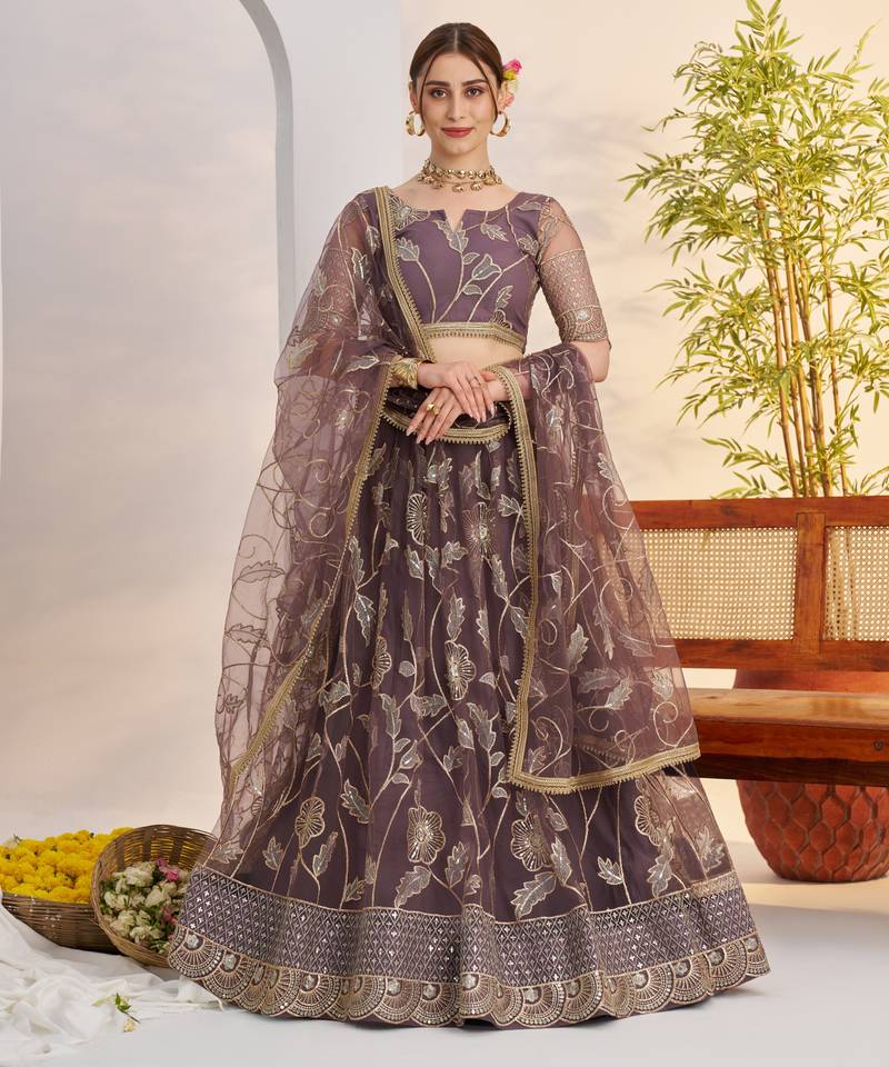 Dark Onion Butterfly Net Thread & Sequence Embroidered Lehenga Choli with Dupatta and Blouse