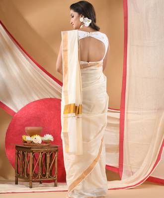 handloom cotton silk saree onam silk cotton georgette chiffon bandhani white gold unstitched blouse piece 2