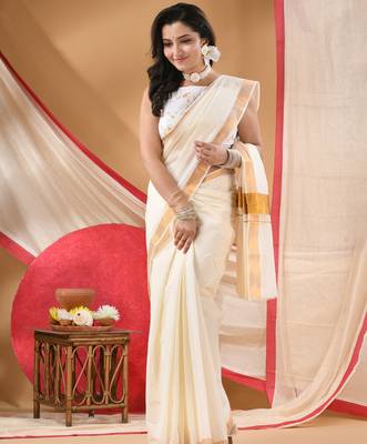 handloom cotton silk saree onam silk cotton georgette chiffon bandhani white gold unstitched blouse piece 1