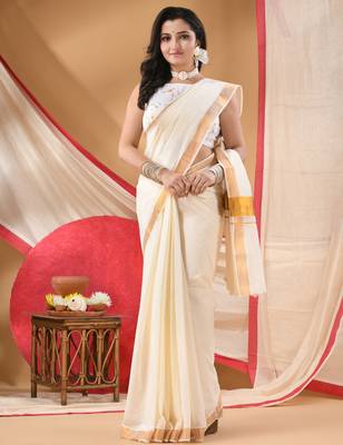 handloom cotton silk saree onam silk cotton georgette chiffon bandhani white gold unstitched blouse piece 3