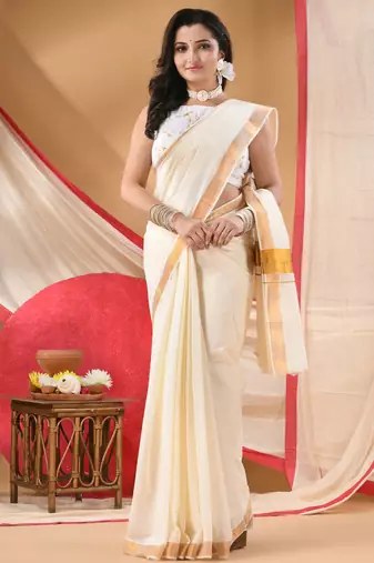 handloom cotton silk saree onam silk cotton georgette chiffon bandhani white gold unstitched blouse piece