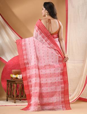 tant cotton saree pearl design for woman red without blouse 1