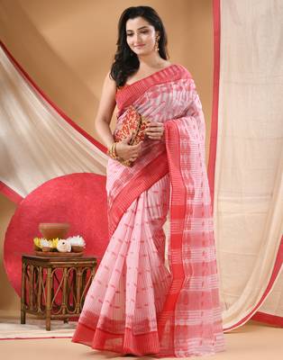 tant cotton saree pearl design for woman red without blouse 2