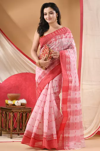 tant cotton saree pearl design for woman red without blouse