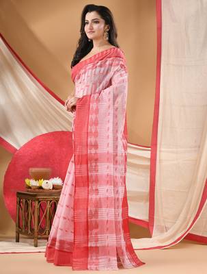 tant cotton saree pearl design for woman red without blouse 3