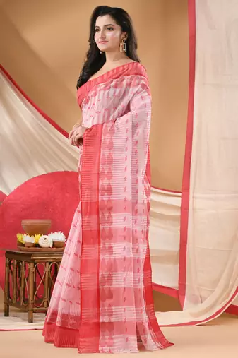 tant cotton saree pearl design for woman red without blouse