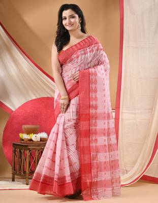 tant cotton saree pearl design for woman red without blouse 4