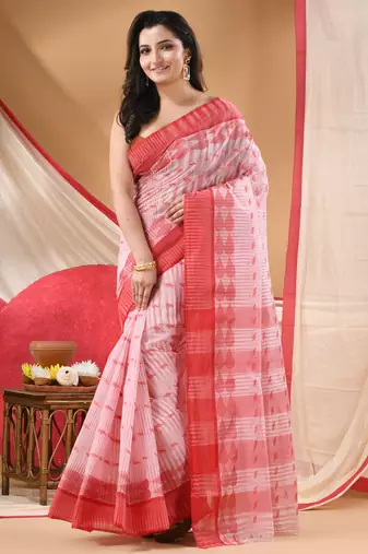 tant cotton saree pearl design for woman red without blouse