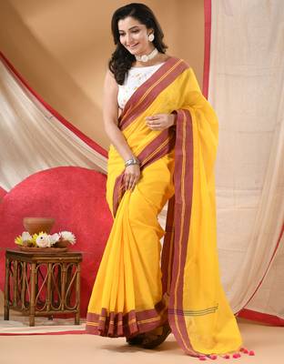 cotton latest georgette chiffon haldi rani sarees for women yellow with unstitched blouse piece 2