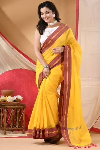 cotton latest georgette chiffon haldi rani sarees for women yellow with unstitched blouse piece