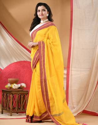 cotton latest georgette chiffon haldi rani sarees for women yellow with unstitched blouse piece 3