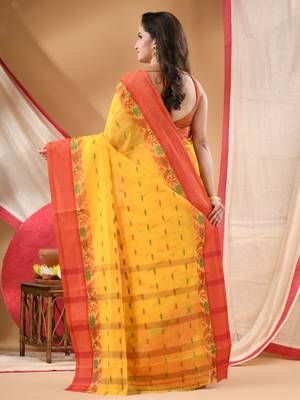 tant cotton saree patralika design for woman yellow without blouse 1