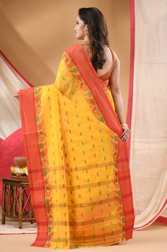 tant cotton saree patralika design for woman yellow without blouse