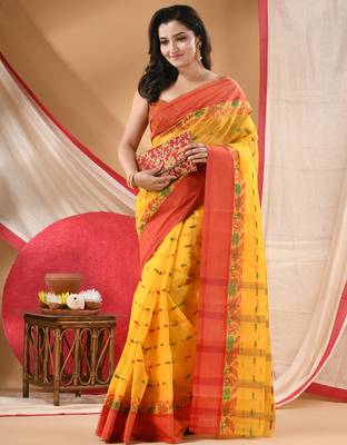 tant cotton saree patralika design for woman yellow without blouse 2