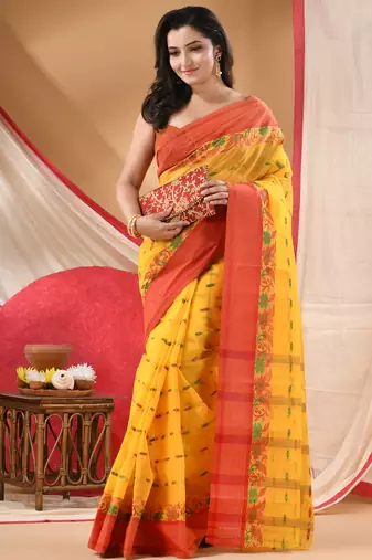 tant cotton saree patralika design for woman yellow without blouse
